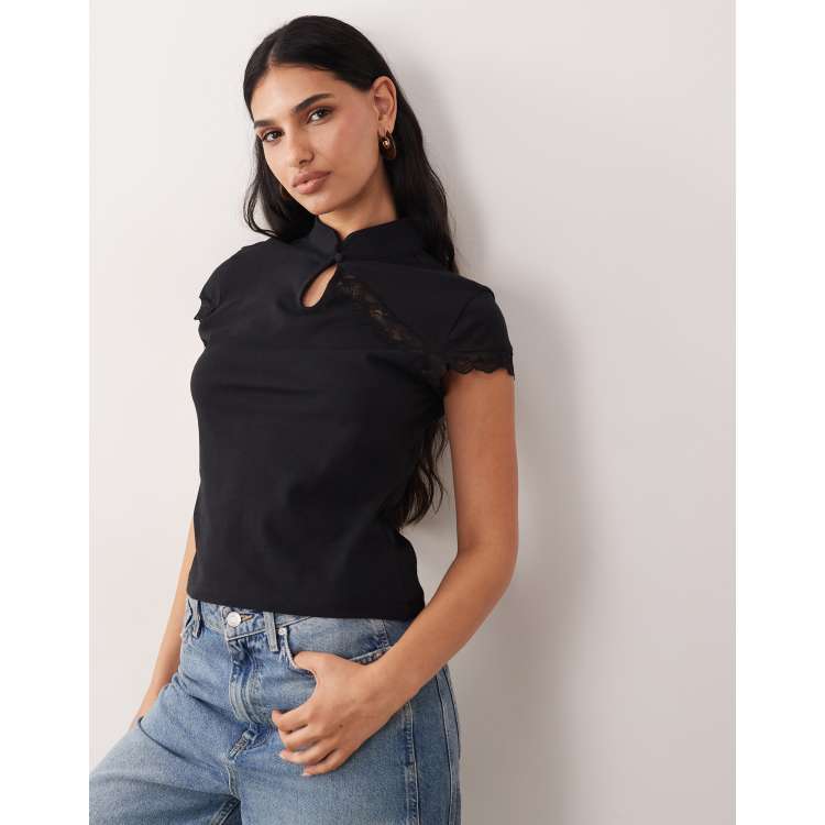 ASOS DESIGN cap sleeve top with mandarin collar and lace detailing