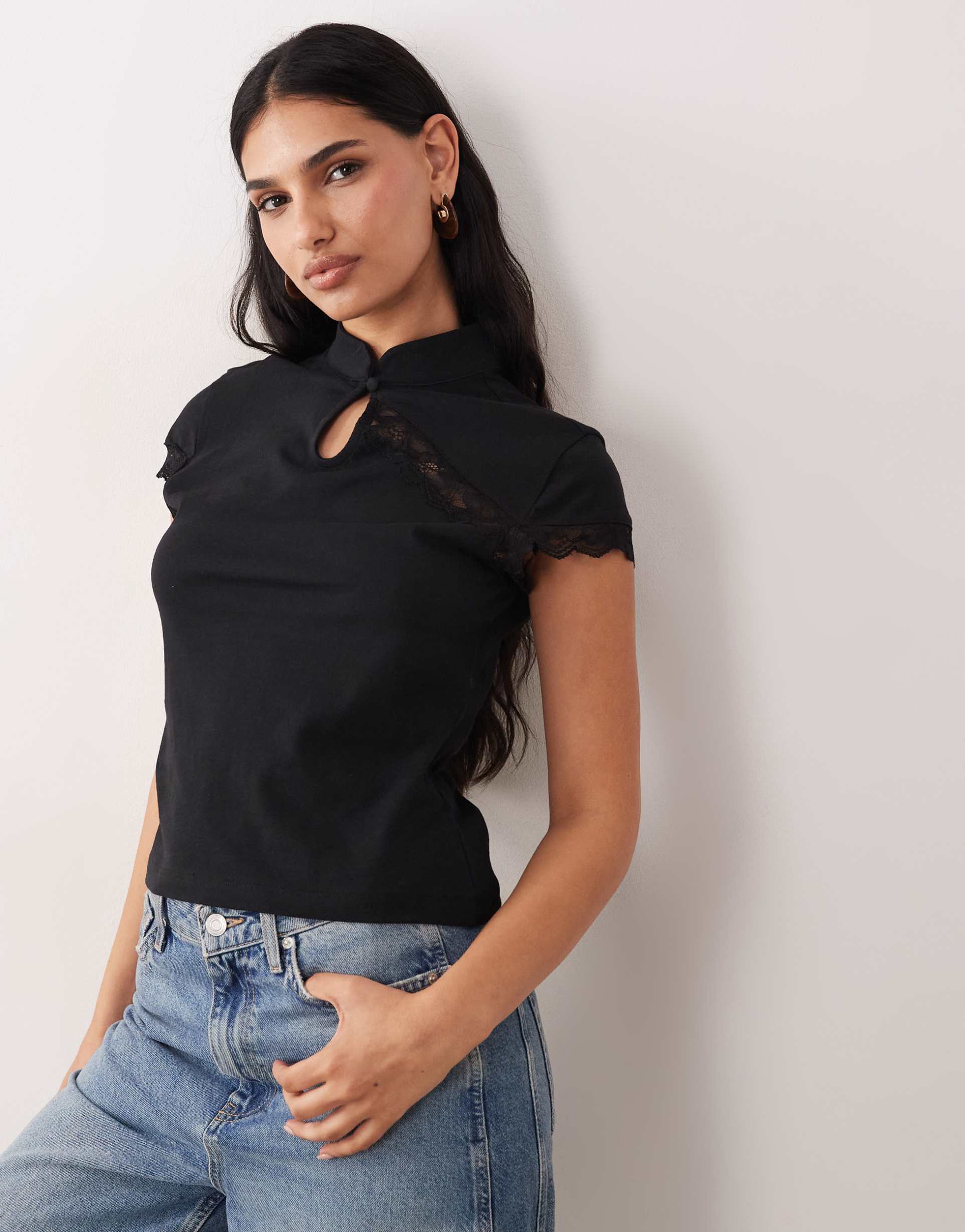asos design cap sleeve top with rouleau loop collar and lace detail in black