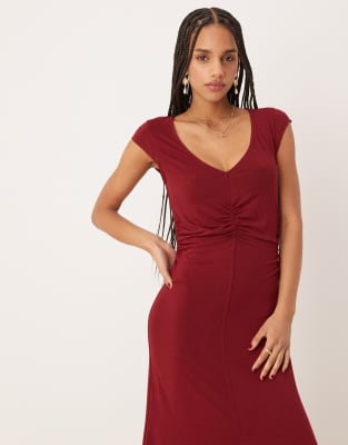 Shop Asos Design Cap Sleeve Waist Detail Midi Tea Dress In Red