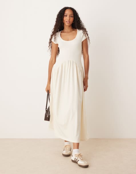 ASOS DESIGN cap sleeve waisted detail midi dress in cream - view 1