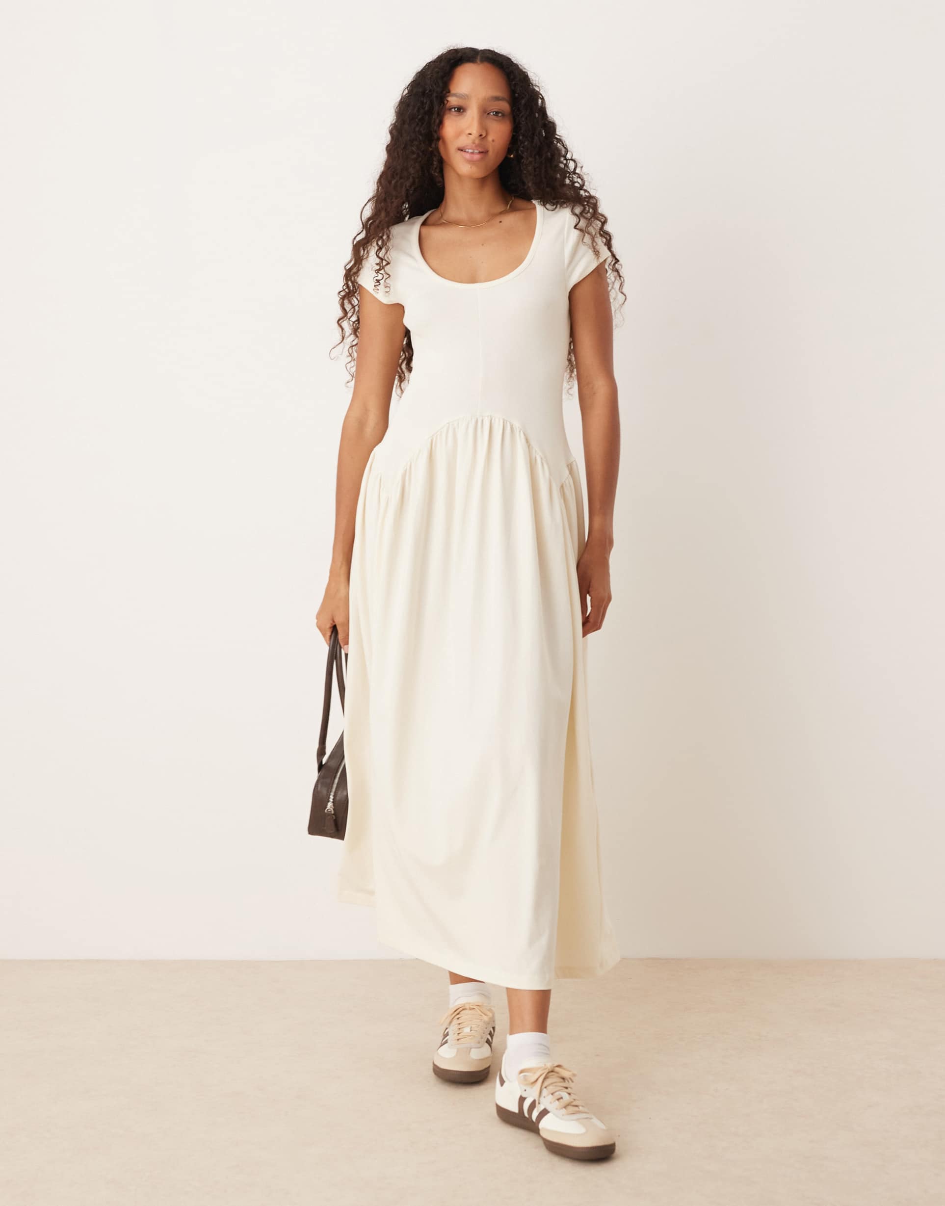 asos design cap sleeve waisted detail midi dress in cream