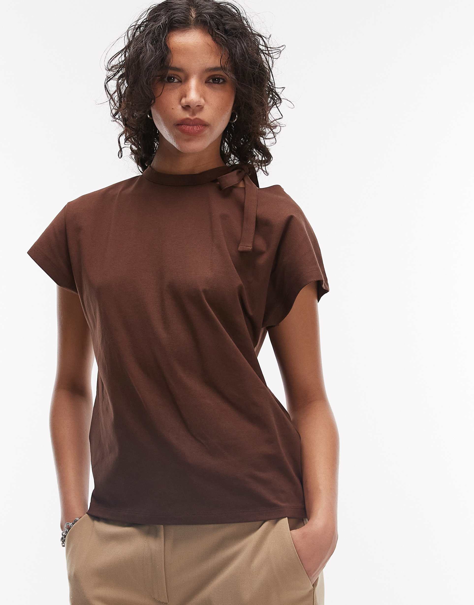 asos design cap sleeve with cut out scarf detail top in brown