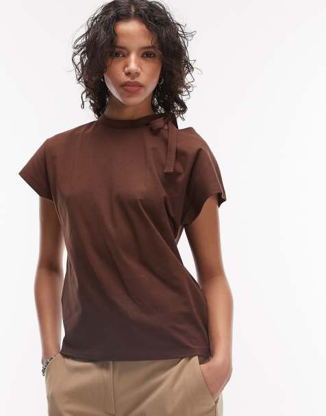 ASOS DESIGN cap sleeve with cut out scarf detail top in brown