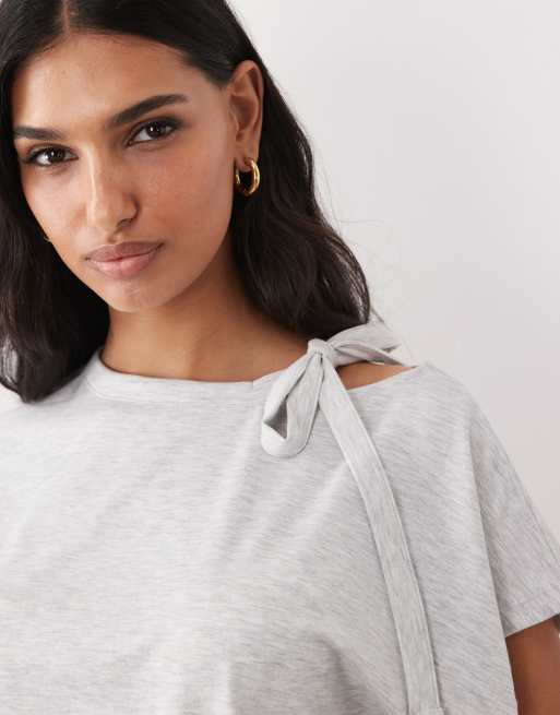 ASOS DESIGN cap sleeve with cut-out scarf detail top in grey marl, 2 of 4