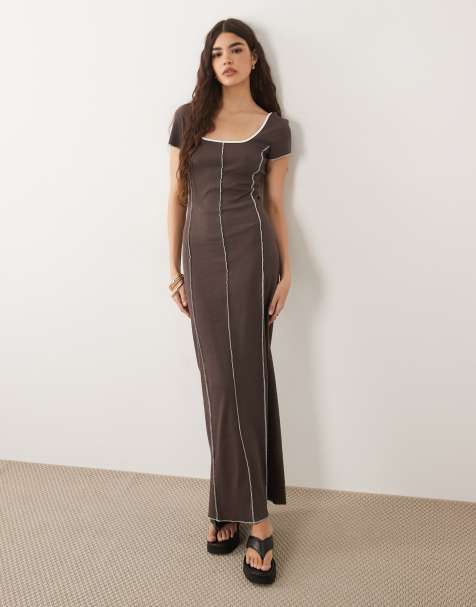 ASOS DESIGN cap sleeve with exposed seams maxi dress in chocolate - view 1
