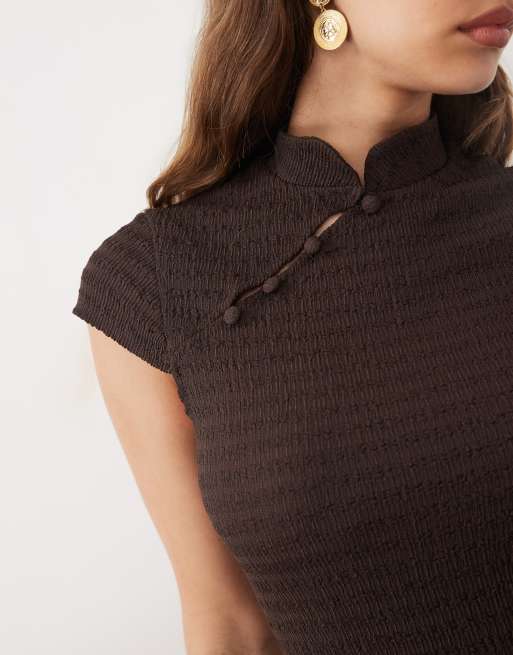 ASOS DESIGN cap sleeve with mandarin collar mini dress in chocolate with black ties, 3 of 4