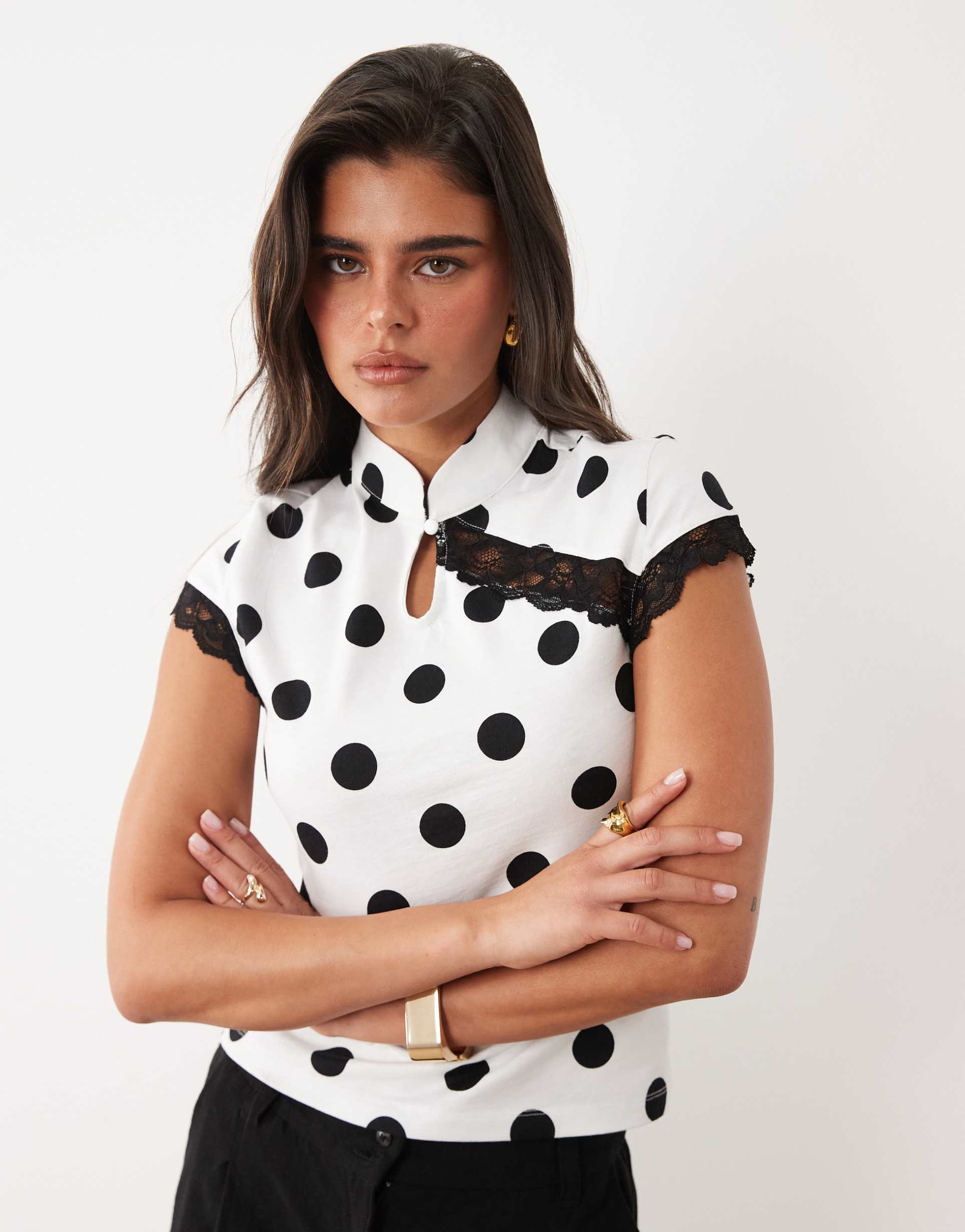 asos design cap sleeve with mandarine collar with lace detail top in polka dot print