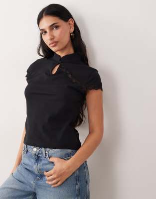 Asos Design Cap Sleeve With Rouleau Loop Collar With Lace Detail Top-black