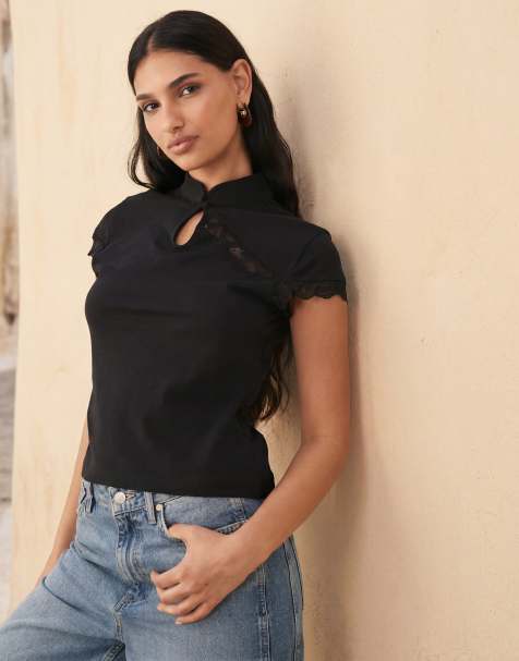ASOS DESIGN cap sleeve with mandarin collar with lace detail top