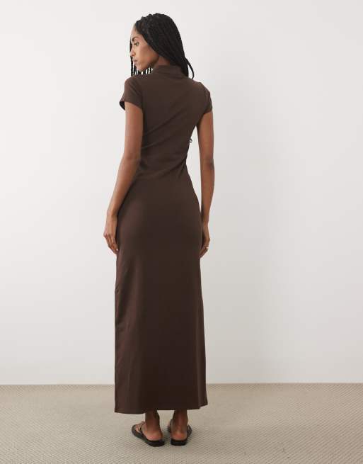 ASOS DESIGN cap sleeve with rouleau loop midi dress in chocolate, 2 of 4