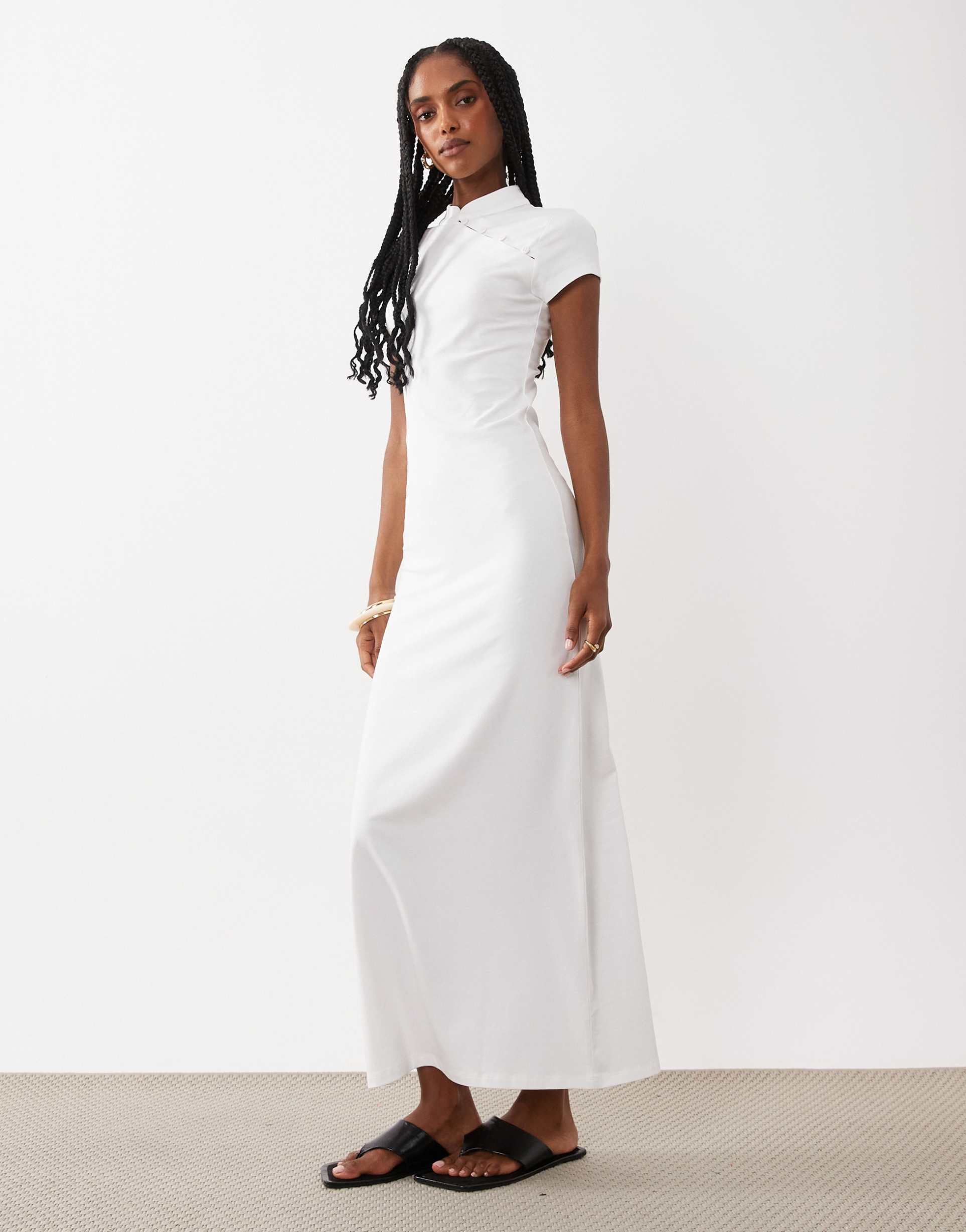 asos design cap sleeve with rouleau loop midi dress in cream