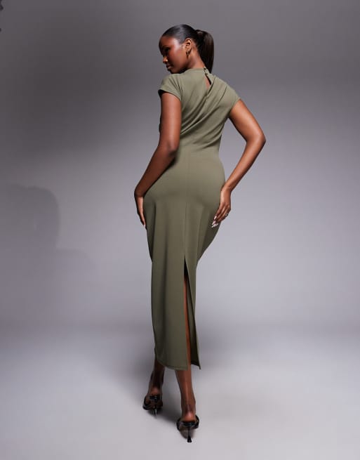 ASOS DESIGN cap sleeve wrap trim midi dress in khaki, 2 of 4