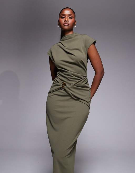 ASOS DESIGN cap sleeve wrap trim midi dress in khaki, 4 of 4