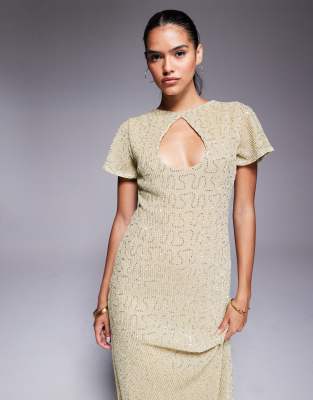 Asos Design Cap Sleeves Maxi Dress With Keyhole In Neutral