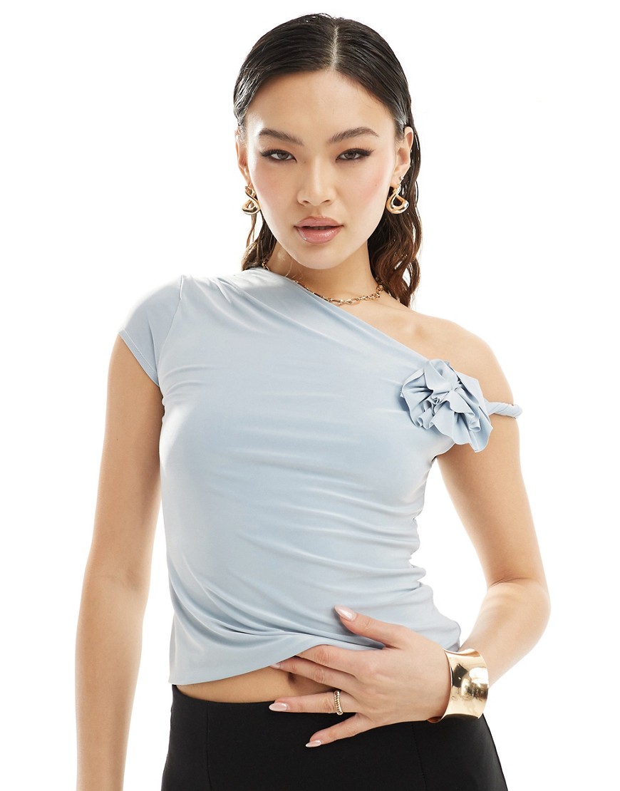 ASOS DESIGN cap twist sleeve top with corsage in blue