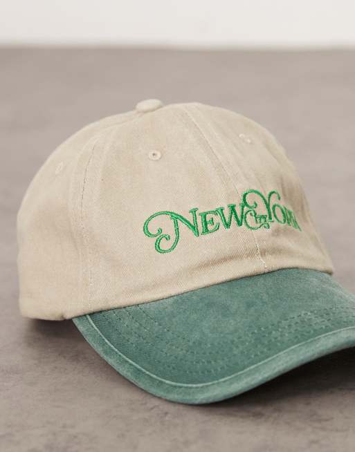 ASOS DESIGN cap with new york emroidery in stone with green contrast peak, 2 of 3
