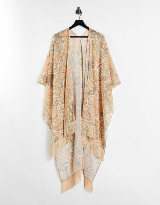 ASOS DESIGN - Cape à franges et motif cachemire - Marron