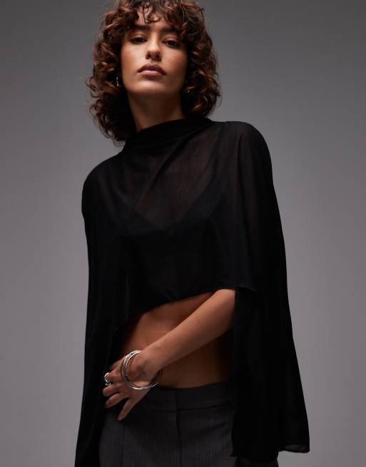 ASOS DESIGN – Cape aus transparentem Netzstoff in Schwarz mit hinten längerem Saum, 3 von 4