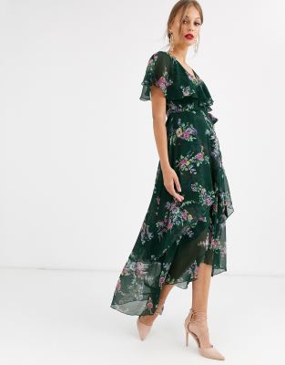 asos design maxi dress with cape back and dipped hem in light floral print