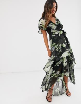 asos design maxi dress with cape back and dipped hem in light floral print