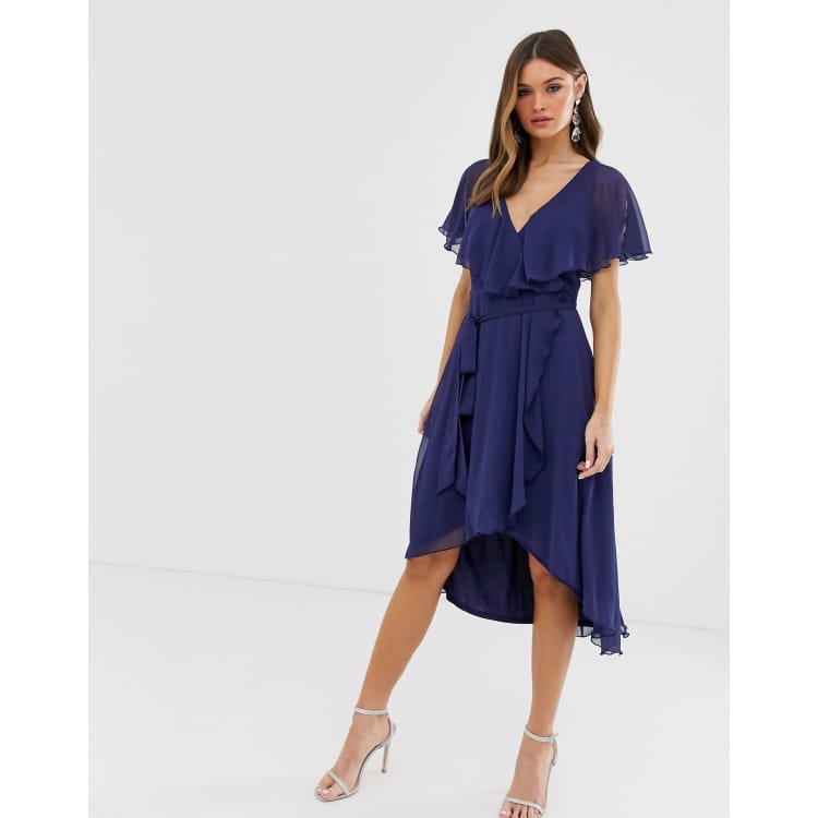 ASOS DESIGN cape back dipped hem midi dress in navy