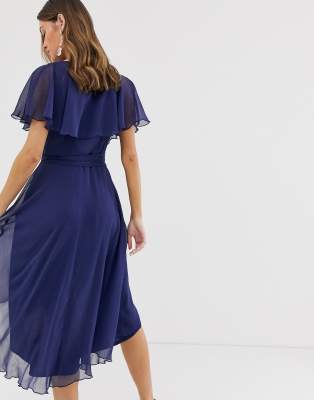 navy cape style wrap midi dress