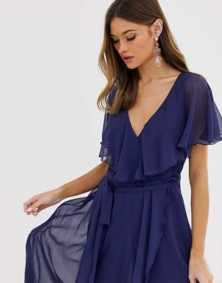 navy cape style wrap midi dress