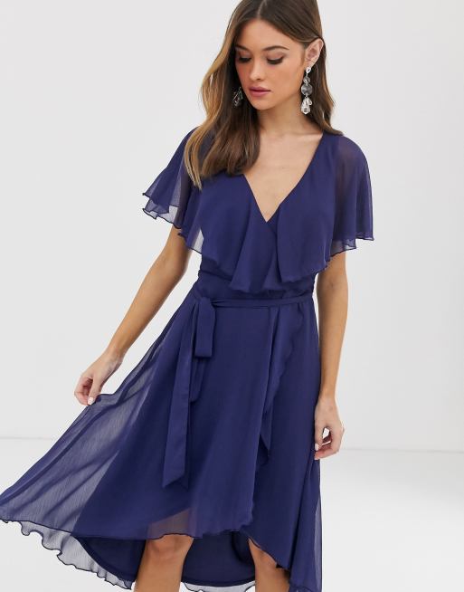 ASOS DESIGN cape back dipped hem midi dress in navy