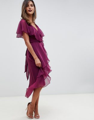 asos design midi dress with cape back and dipped hem in embellishment