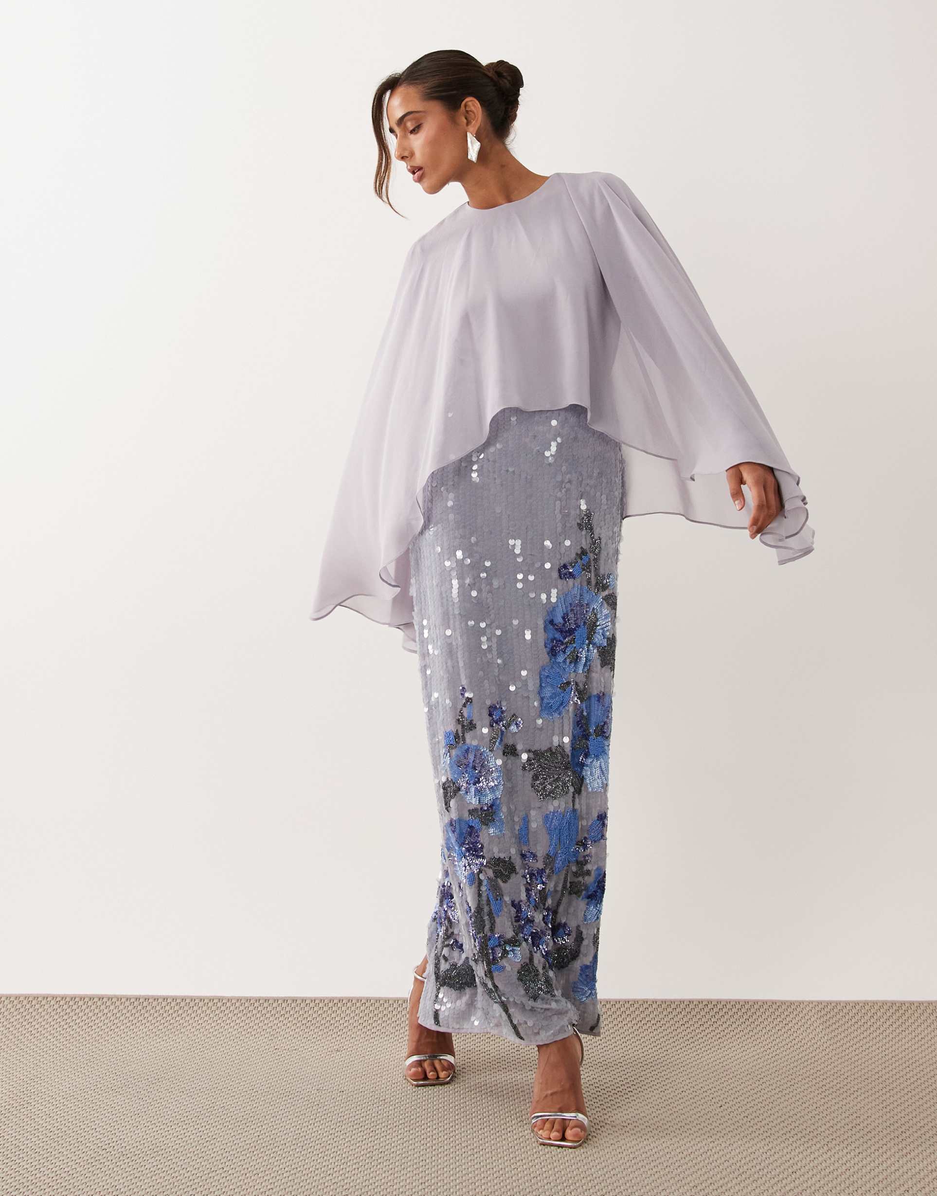 asos design cape detail embellished skirt maxi dress in blue