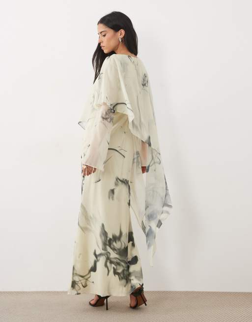 ASOS DESIGN cape detail long sleeve maxi dress in mono print, 3 of 4