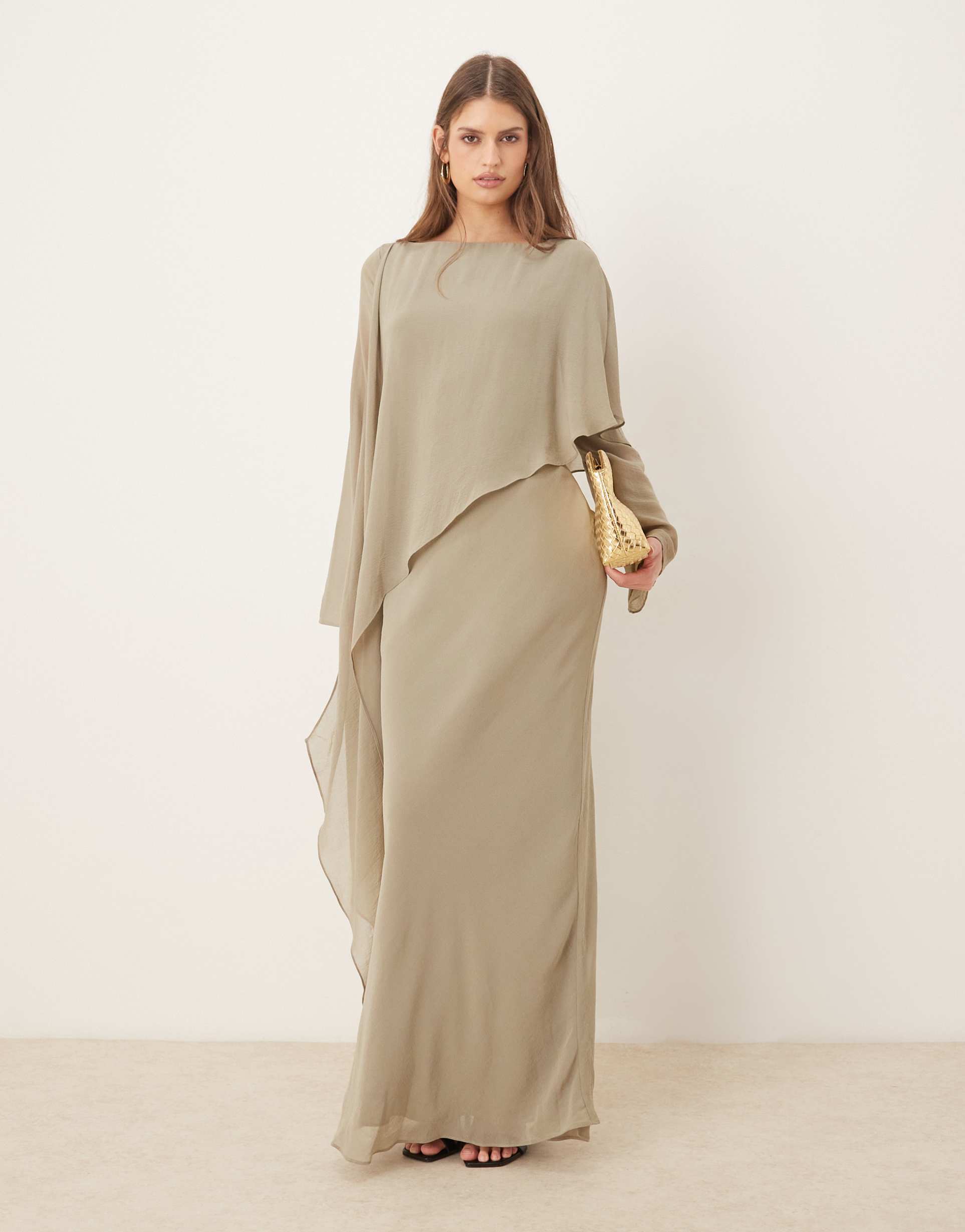 asos design cape detail long sleeve maxi dress in sage