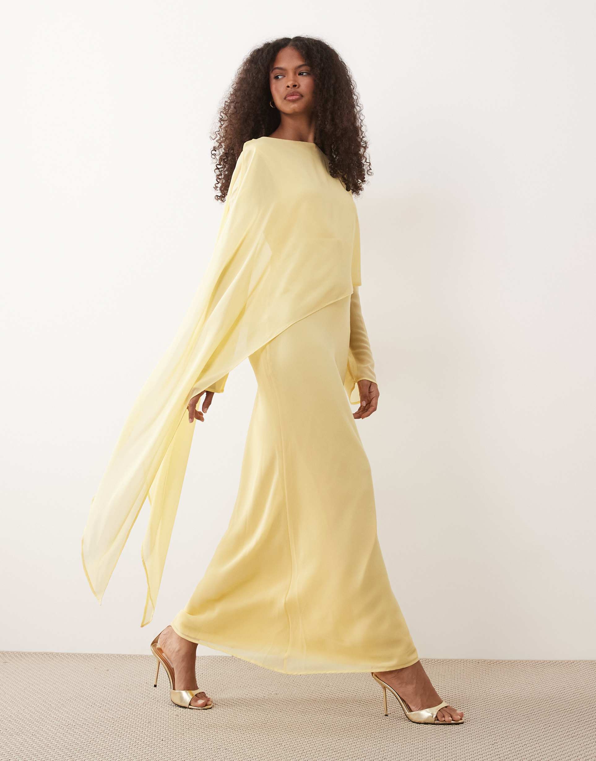 asos design cape detail long sleeve maxi dress in soft yellow