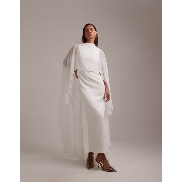 ASOS Design cape detail maxi wedding dress in ivory-White