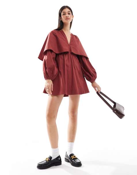ASOS DESIGN cape detail mini dress in burgundy - view 1