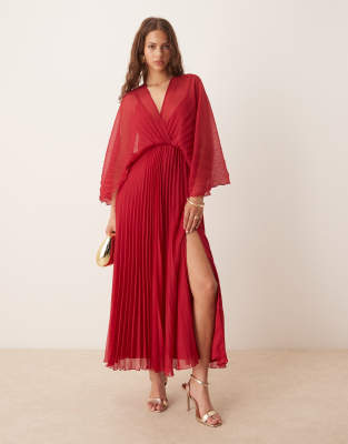 cape detail pleated maxi dress in cherry-Red