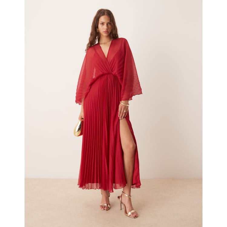 asos design pleated crop top maxi dress ASOS DESIGN cape detail pleated maxi dress in cherry
