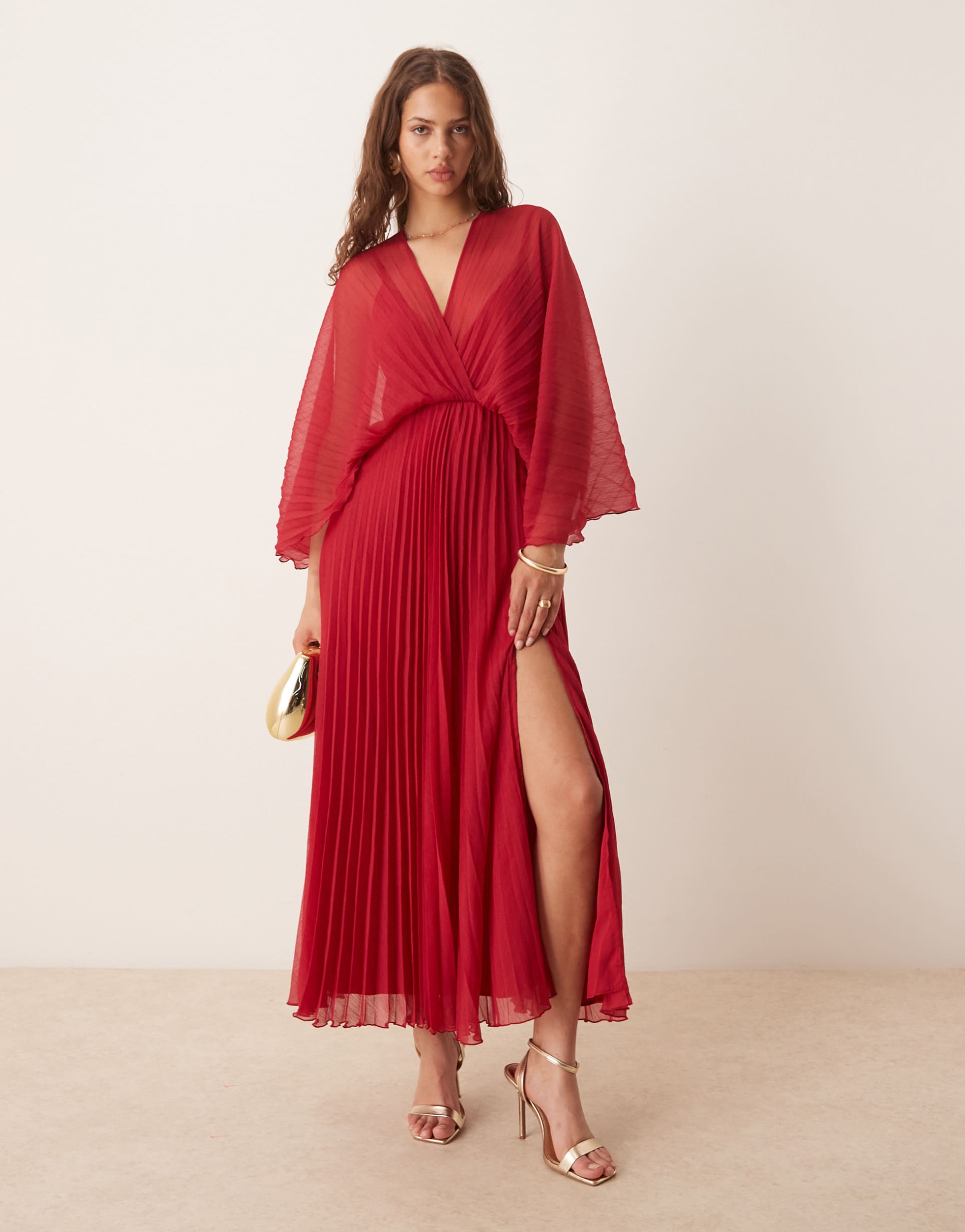 asos design cape detail pleated maxi dress in cherry