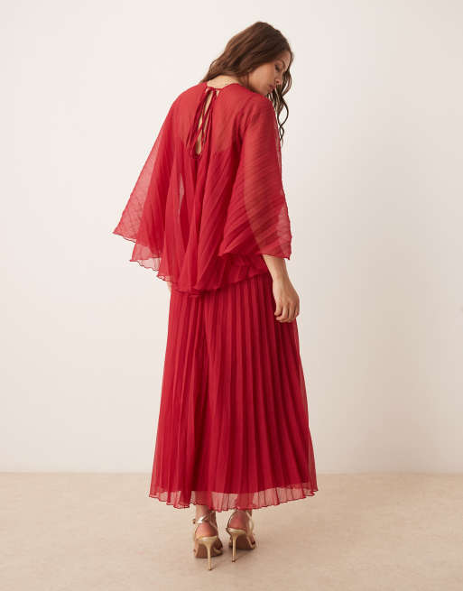 ASOS DESIGN cape detail pleated maxi dress in cherry