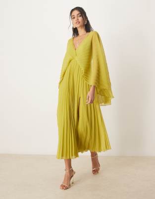 Asos Design Cape Detail Pleated Maxi Dress In Green