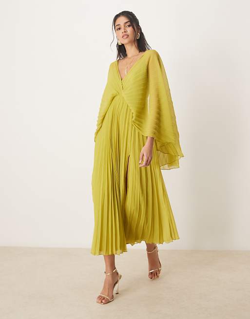 green pleated maxi dress Women's Sage Woven Asymmetric perfect for special occasions ASOS DESIGN cape detail pleated