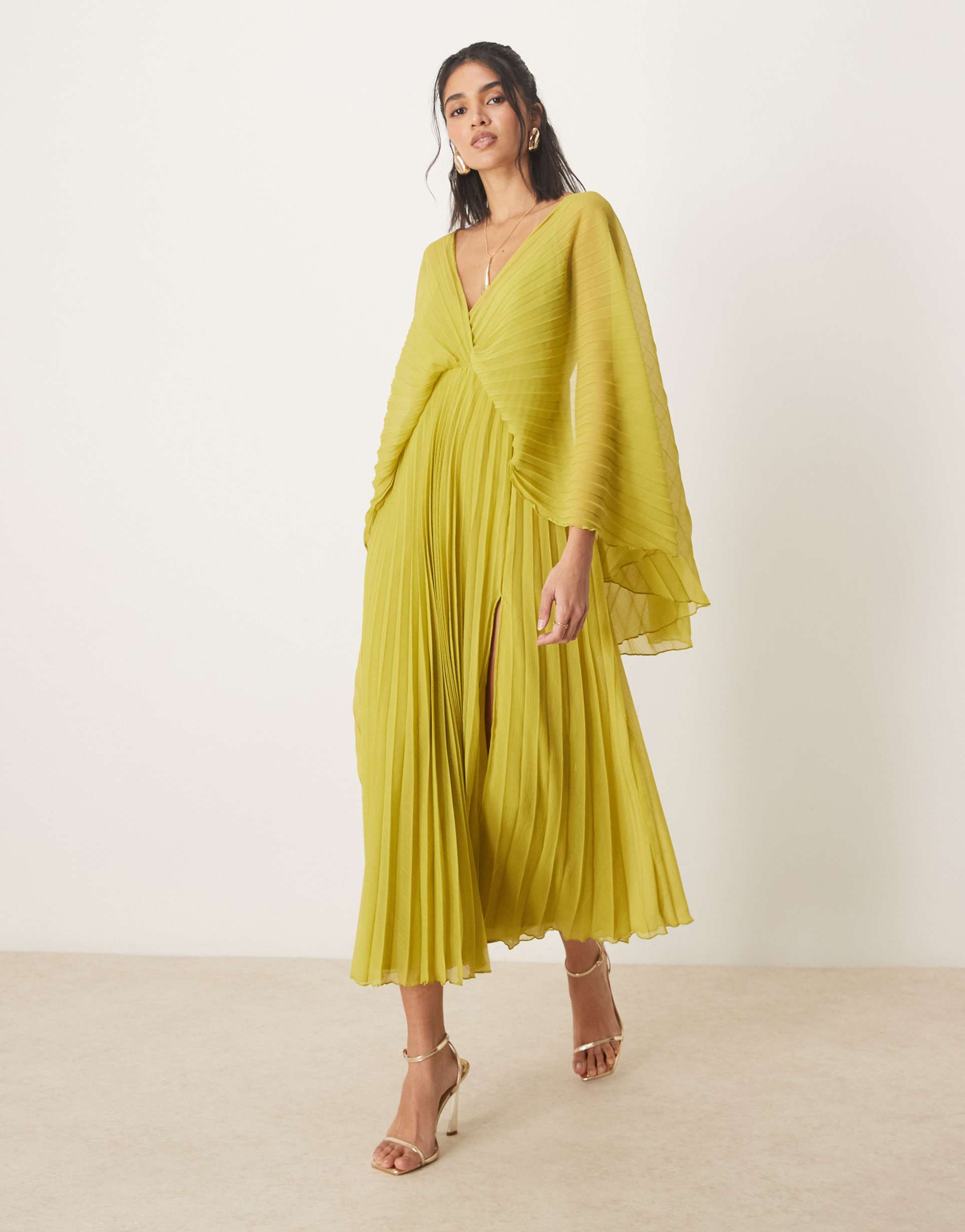 asos design cape detail pleated maxi dress in green