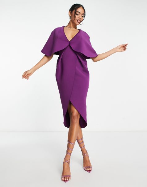 ASOS DESIGN cape detail pleated wrap midi dress in berry - view 1