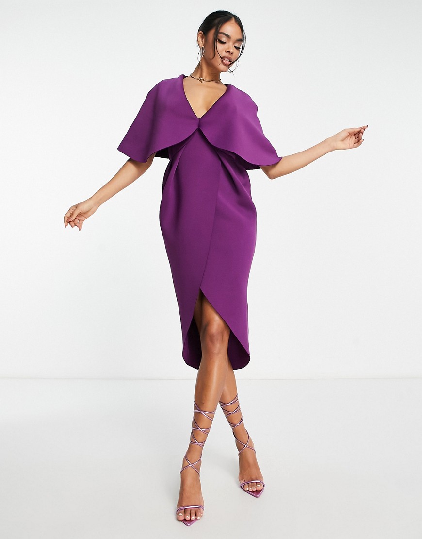 ASOS DESIGN cape detail pleated wrap midi dress in berry-Purple