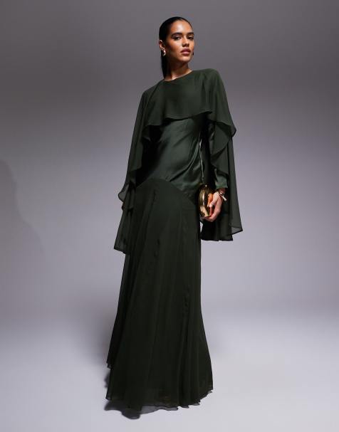 ASOS DESIGN cape detail ruffle chiffon satin mix maxi dress in dark green - view 1