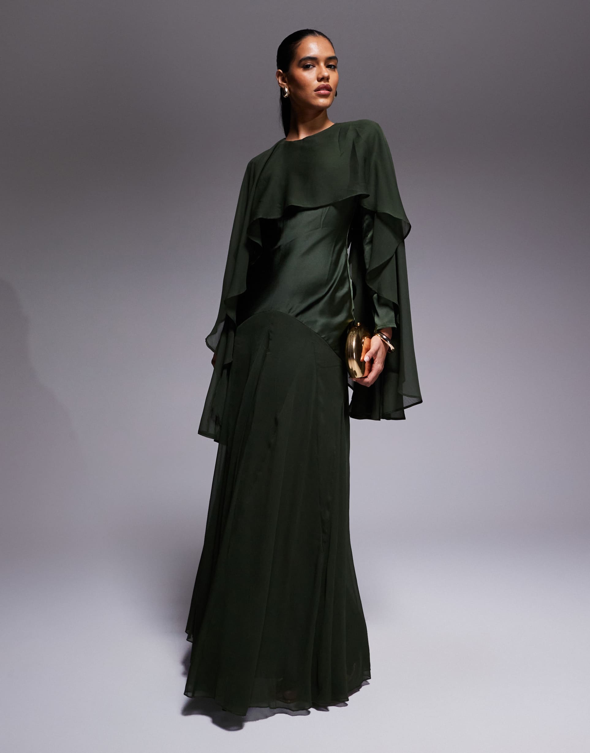 asos design cape detail ruffle chiffon satin mix maxi dress in dark green