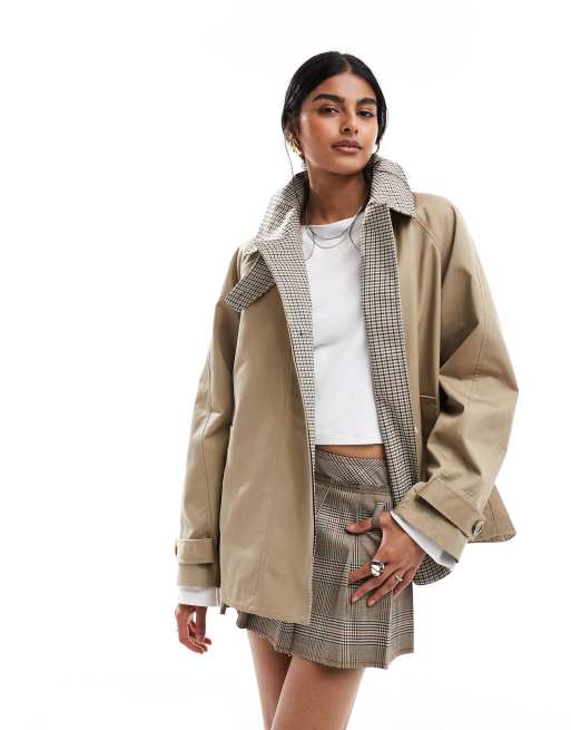 ASOS DESIGN cape detail trench with checked liner in rye 