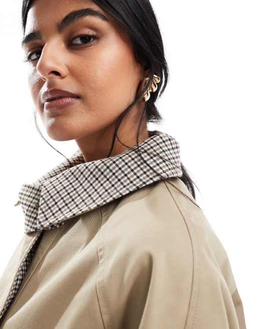 ASOS DESIGN cape detail trench with checked liner in rye 