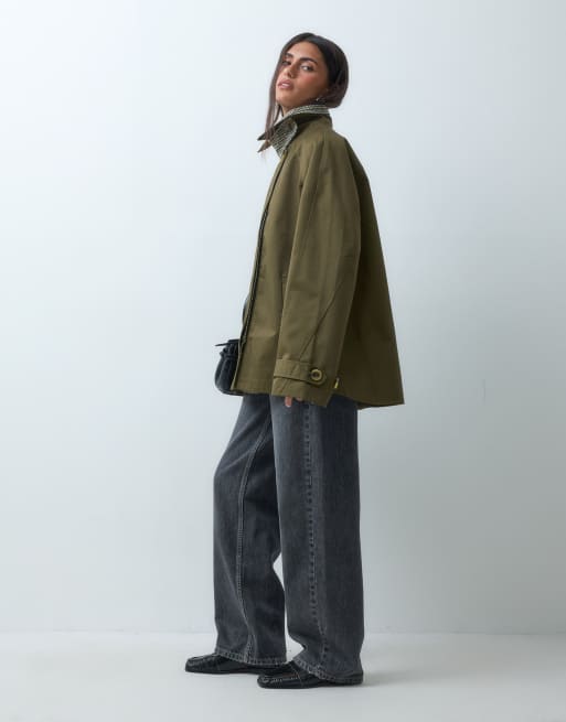 ASOS DESIGN cape detail trench with plaid liner in khaki, 3 of 4