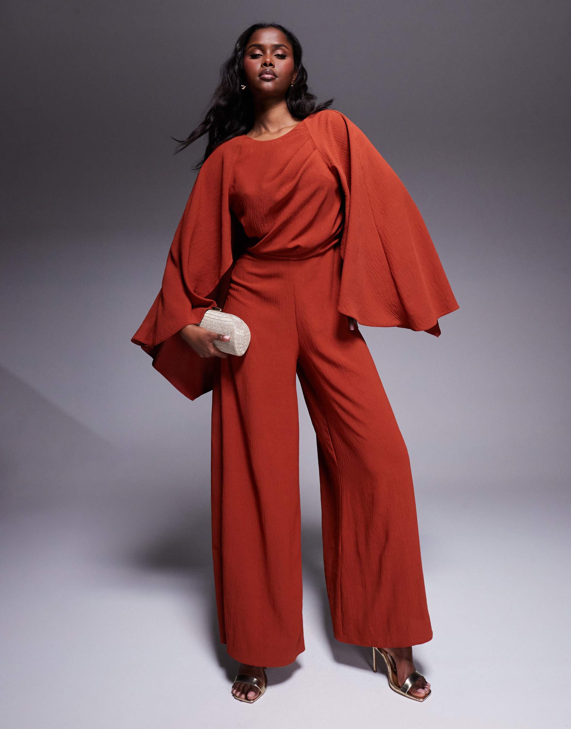 asos design cape detail wide leg jumpsuit with open back in deep rust